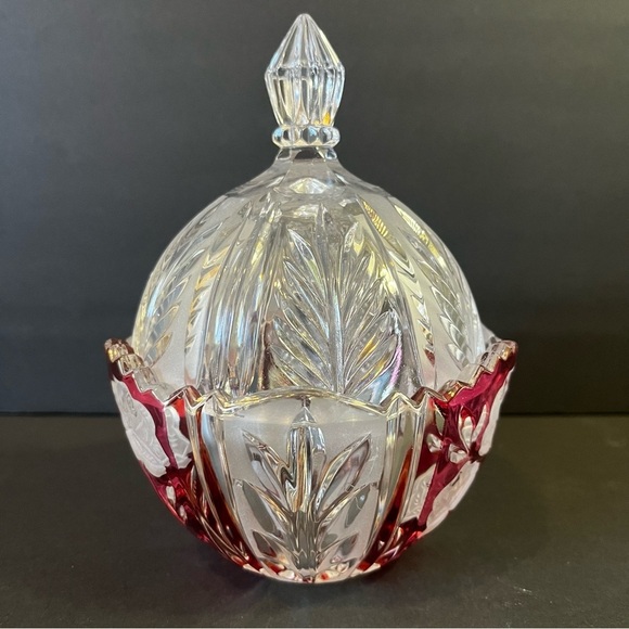 Anna Hutte Bleikristall Candy Dish Covered Lead Crystal Red Cranberry Ruby Flash - Picture 2 of 10